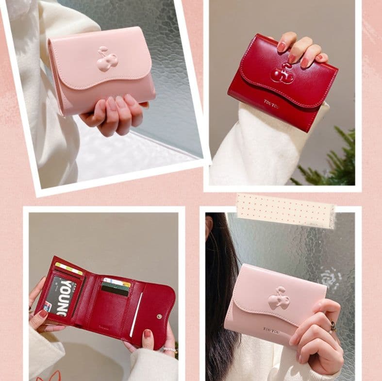 コンパクト 財布 さくらんぼ型押し三つ折りミニ財布