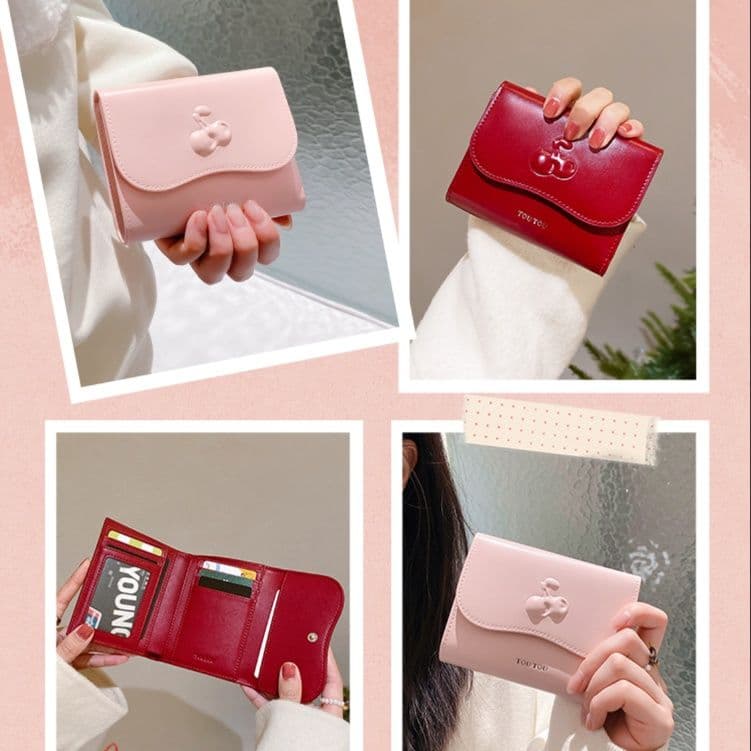 コンパクト 財布 さくらんぼ型押し三つ折りミニ財布