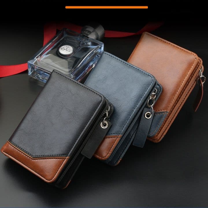 コンパクト 財布 二色使い本革ラウンドファスナー折り財布