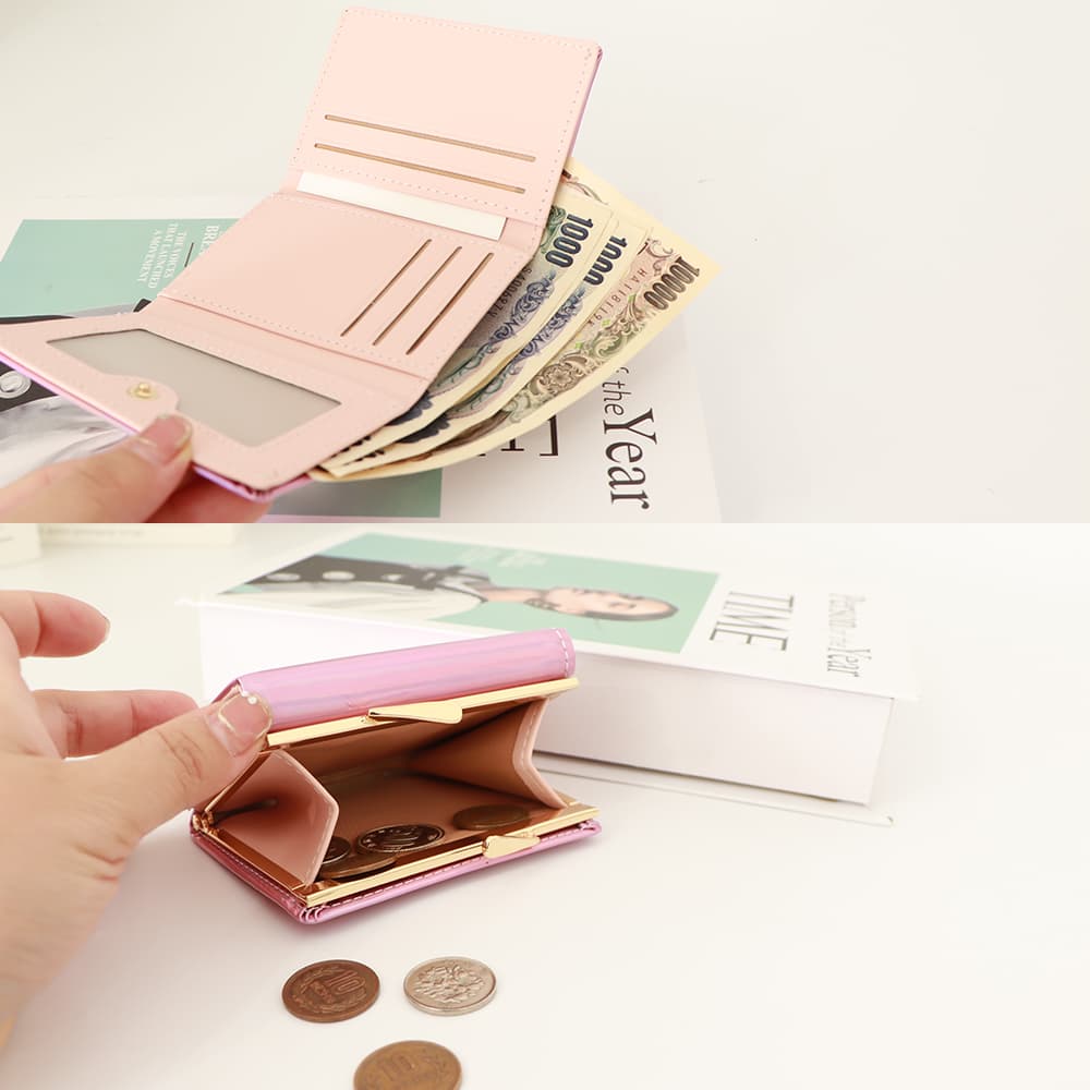 コンパクト 財布 がま口三つ折りコンパクト財布 光沢オーロラカラー