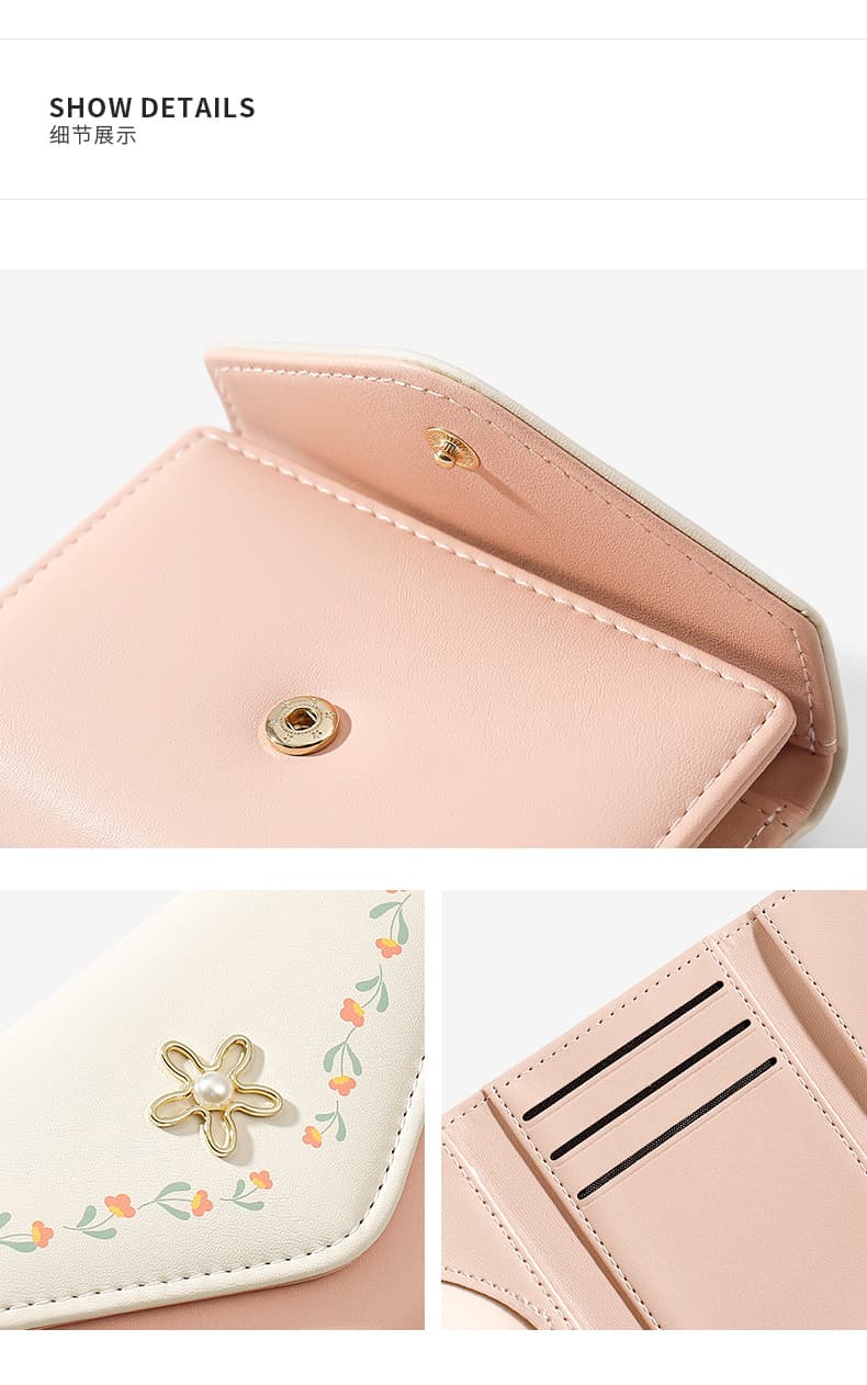 コンパクト 財布 花刺繍 パール飾り 三つ折り財布