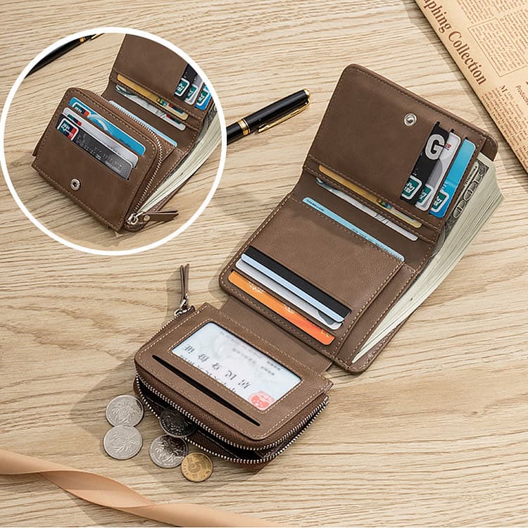 コンパクト財布 多機能ポケット付き本革三つ折りコンパクト財布