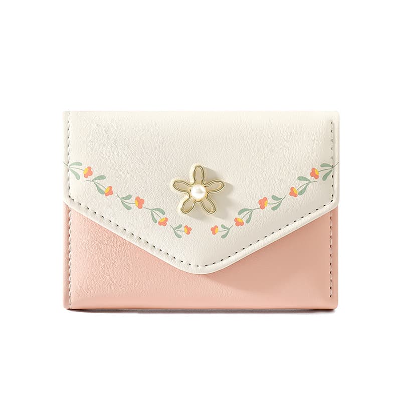 コンパクト 財布 花刺繍 パール飾り 三つ折り財布