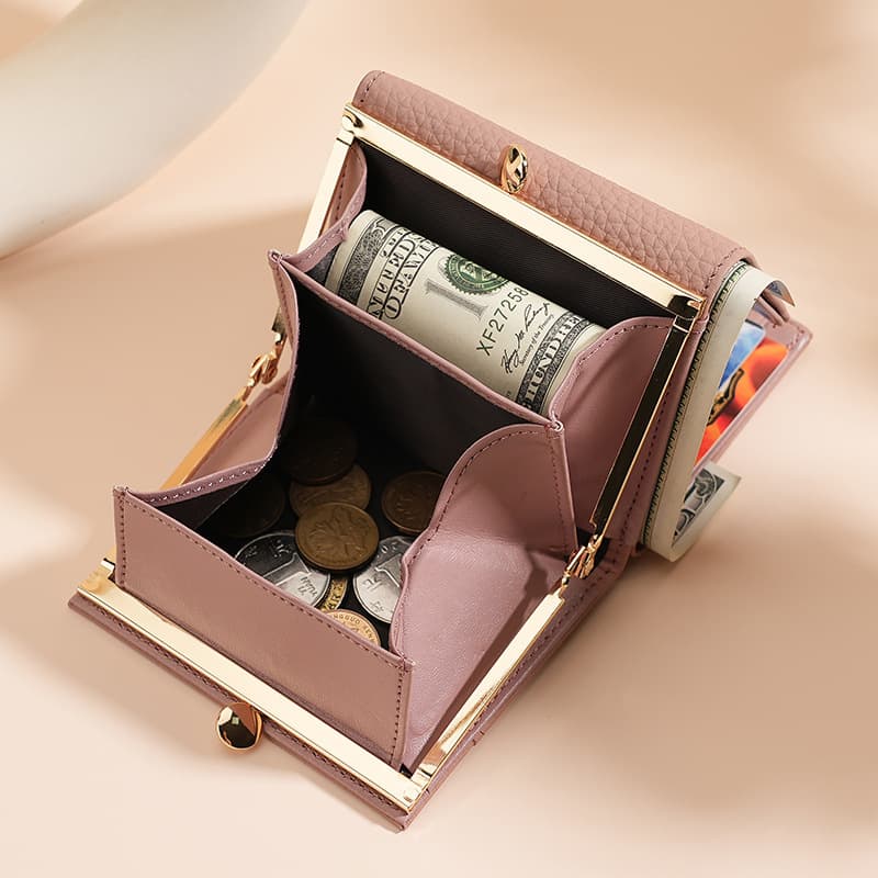 コンパクト 財布 シュリンクレザー使用がま口式三つ折り財布