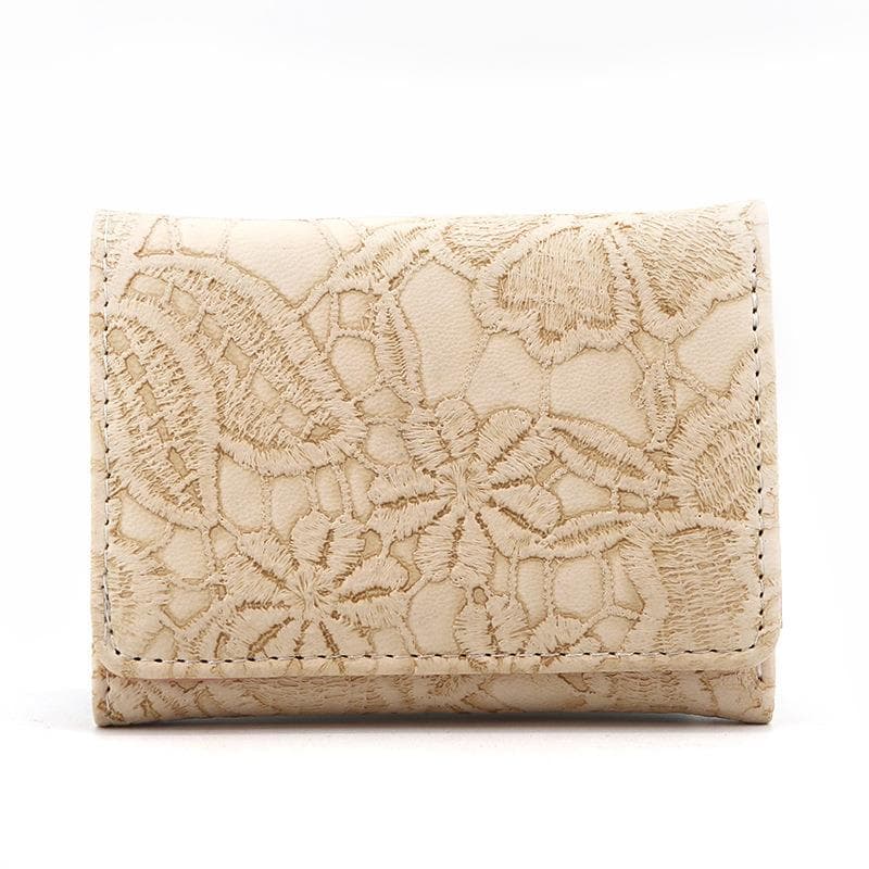 コンパクト財布 花柄レース刺繍入り三つ折り財布