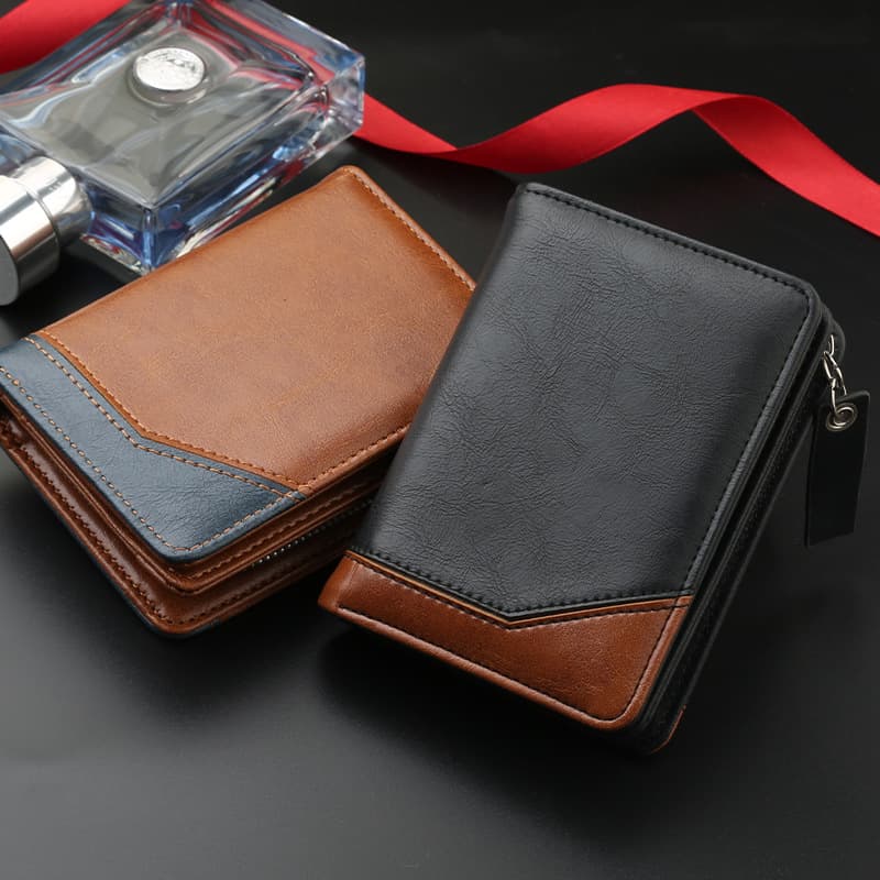 コンパクト 財布 二色使い本革ラウンドファスナー折り財布