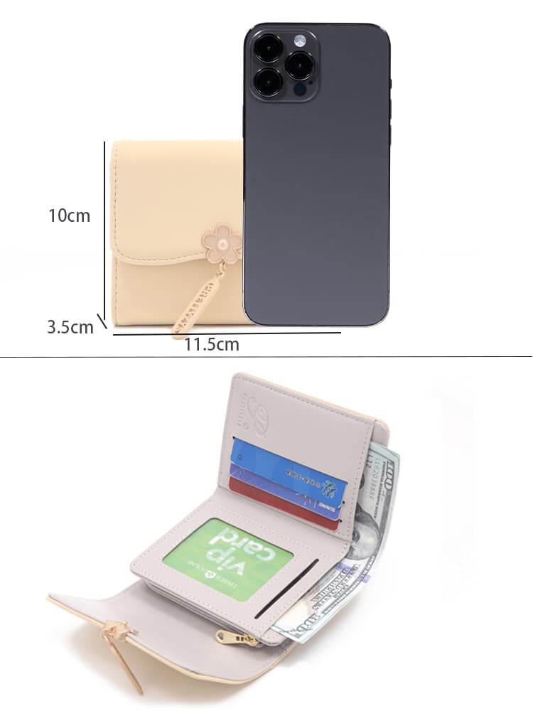 コンパクト 財布 花モチーフ付きミニマル三つ折り財布