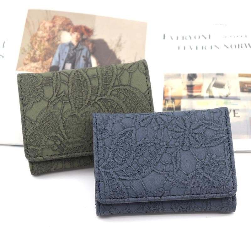 コンパクト財布 花柄レース刺繍入り三つ折り財布