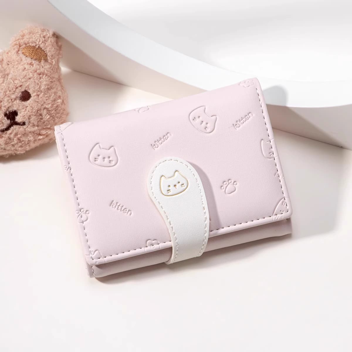 コンパクト 財布 かわいい子猫型押し二つ折り財布
