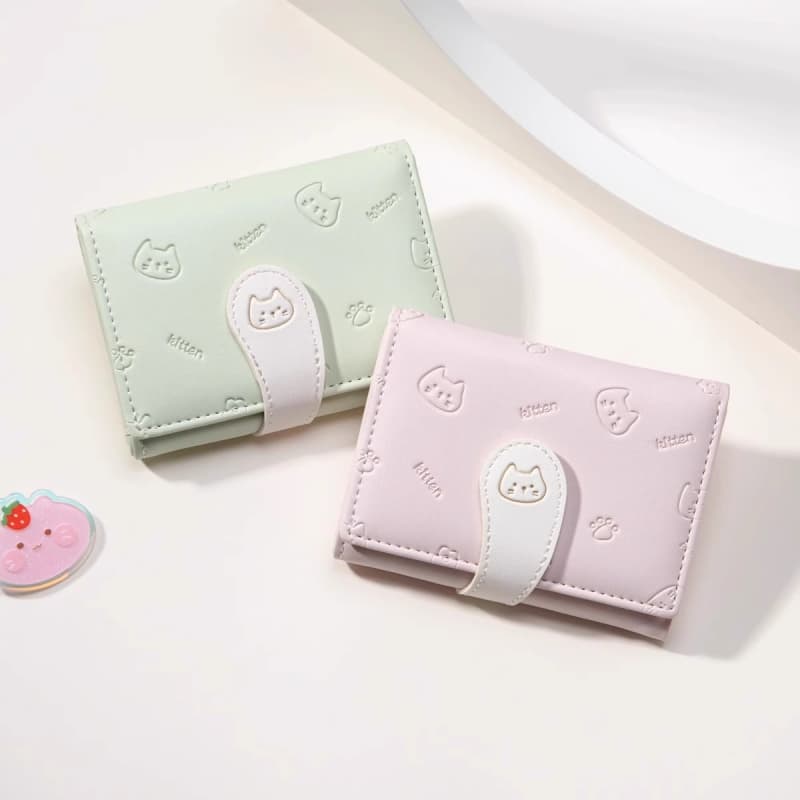 コンパクト 財布 かわいい子猫型押し二つ折り財布